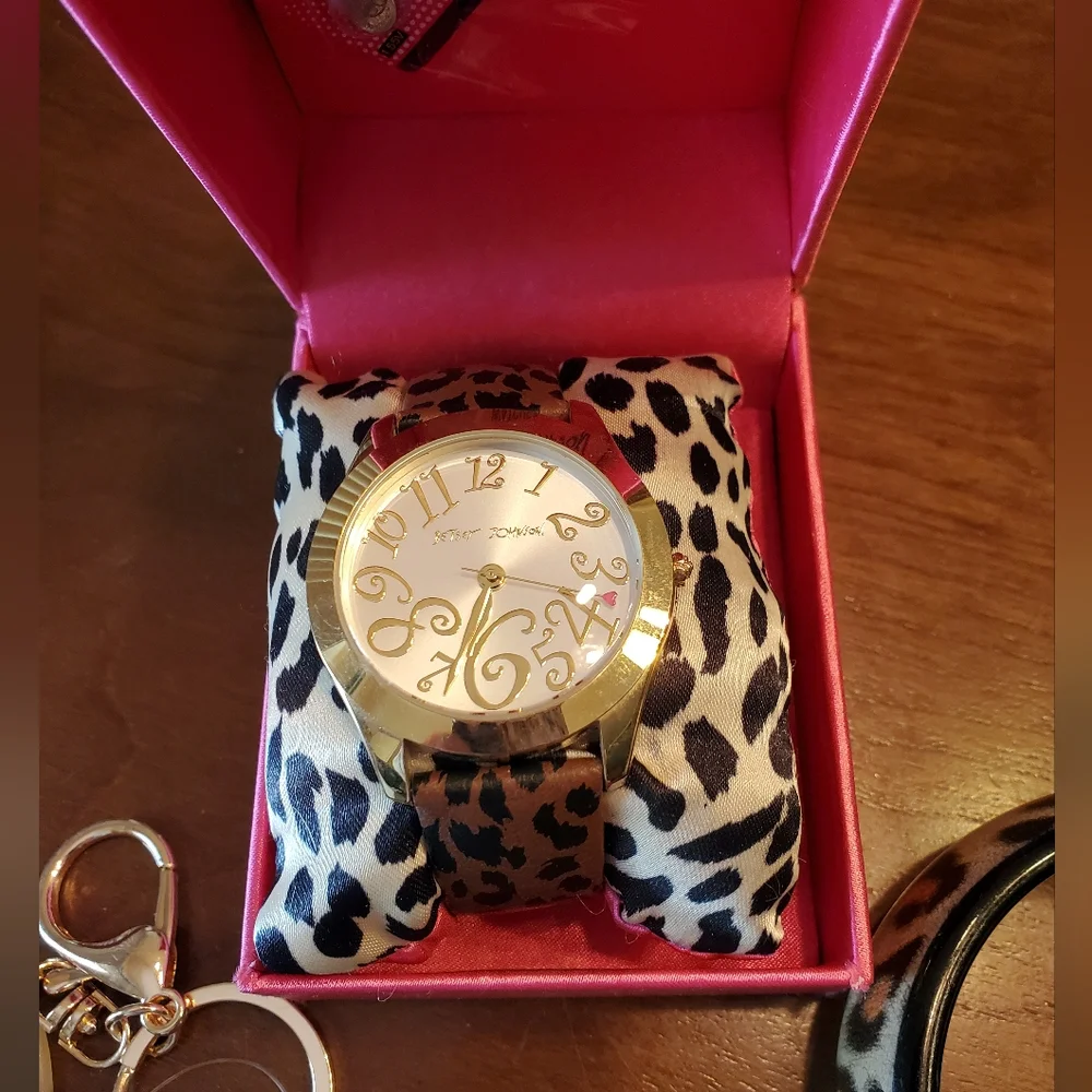 Betsey Johnson Gold Tone & Leopard Band Watch